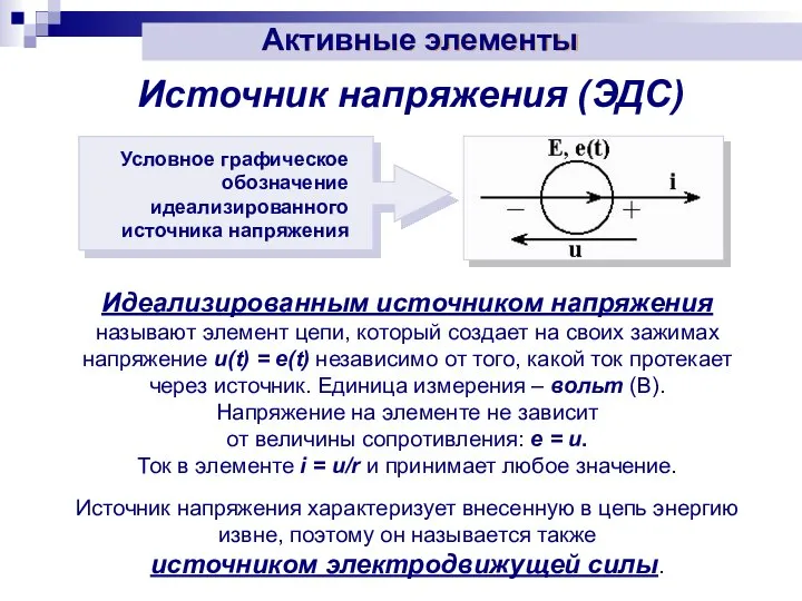 Источник напряжения (ЭДС) Идеализированным источником напряжения называют элемент цепи, который создает