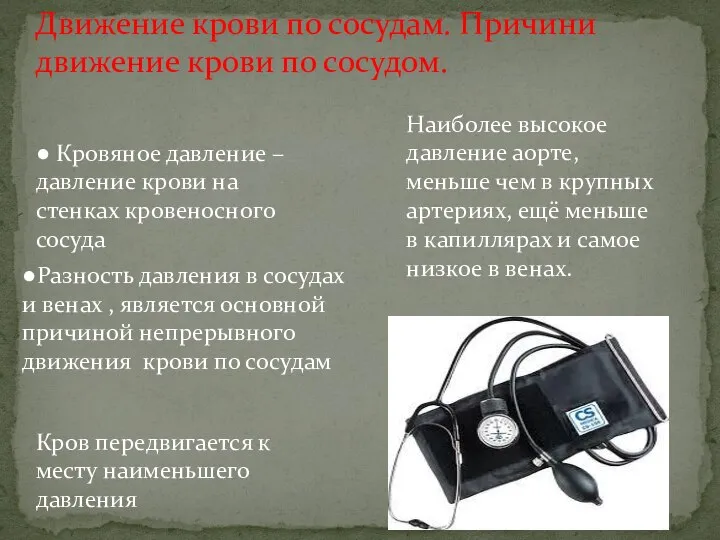 Движение крови по сосудам. Причини движение крови по сосудом. ● Кровяное