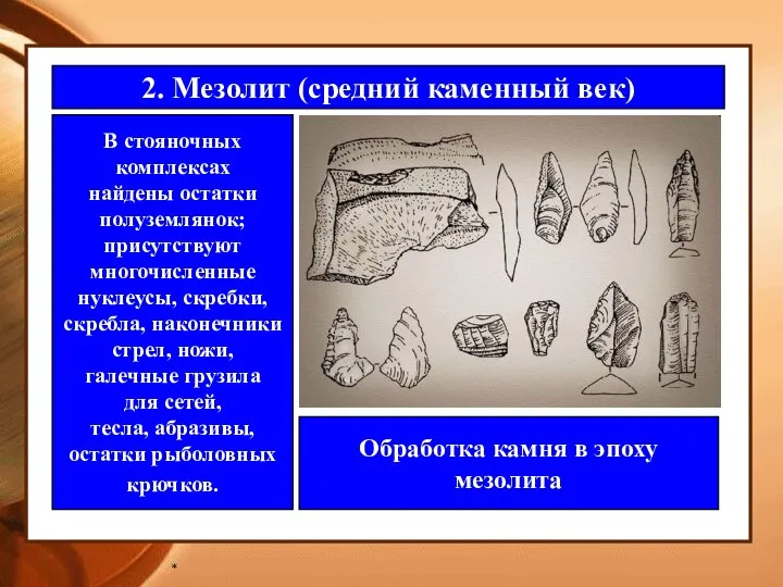 * 2. Мезолит (средний каменный век) В стояночных комплексах найдены остатки