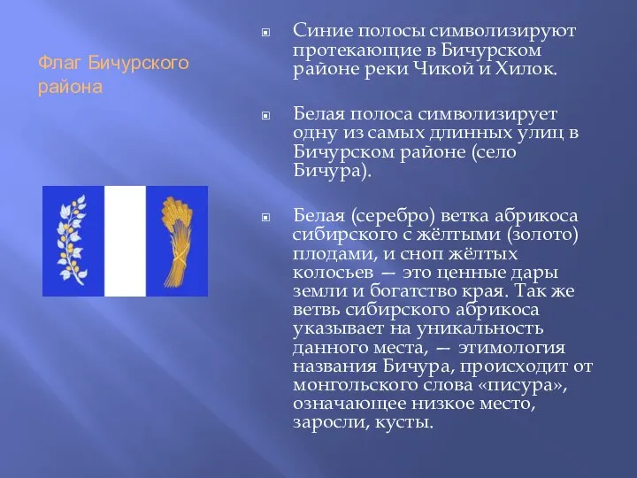 Флаг Бичурского района Синие полосы символизируют протекающие в Бичурском районе реки