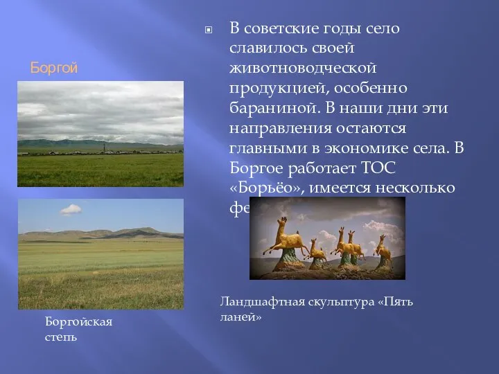 Боргой В советские годы село славилось своей животноводческой продукцией, особенно бараниной.