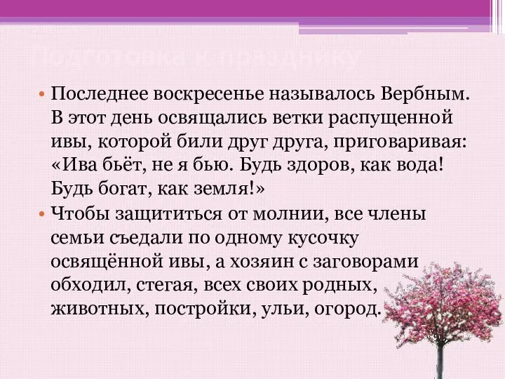 Подготовка к празднику Последнее воскресенье называлось Вербным. В этот день освящались