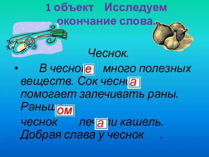 1 объект Исследуем окончание слова. Чеснок. В чеснок много полезных веществ.