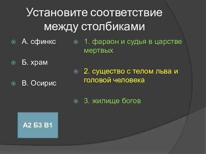 Установите соответствие между столбиками А. сфинкс Б. храм В. Осирис 1.