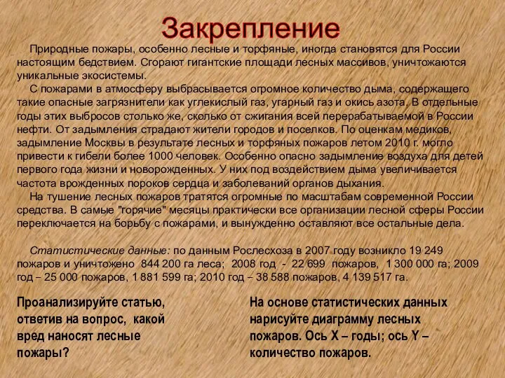 Закрепление Проанализируйте статью, ответив на вопрос, какой вред наносят лесные пожары?