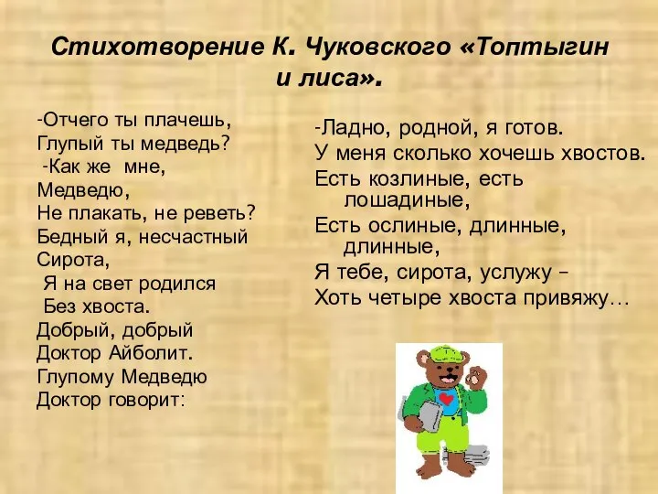 Стихотворение К. Чуковского «Топтыгин и лиса». -Отчего ты плачешь, Глупый ты