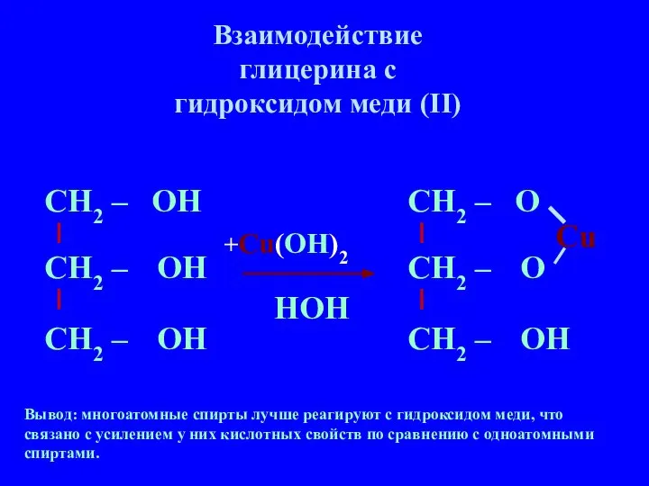 Взаимодействие глицерина с гидроксидом меди (II) Вывод: многоатомные спирты лучше реагируют