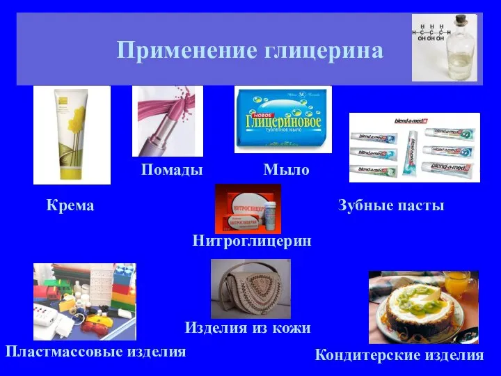 Применение глицерина Крема Мыло Помады Зубные пасты Кондитерские изделия Изделия из кожи Нитроглицерин Пластмассовые изделия