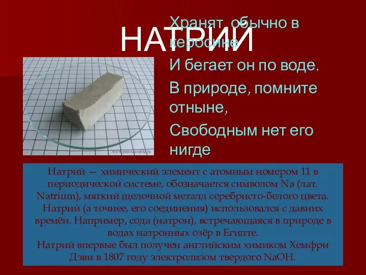 НАТРИЙ Хранят обычно в керосине И бегает он по воде. В