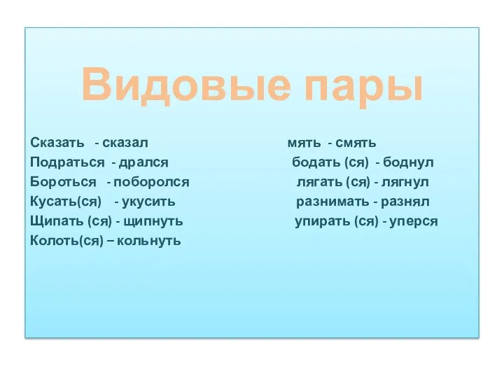 Видовые пары Сказать - сказал мять - смять Подраться - дрался