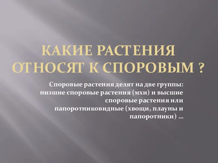 Какие растения относят к споровым ? Споровые растения делят на две