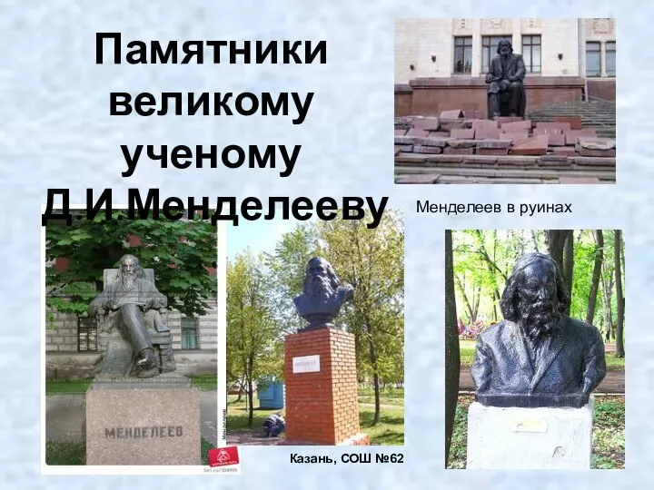 Менделеев в руинах Казань, СОШ №62 Памятники великому ученому Д.И.Менделееву