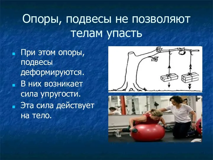 Опоры, подвесы не позволяют телам упасть При этом опоры, подвесы деформируются.