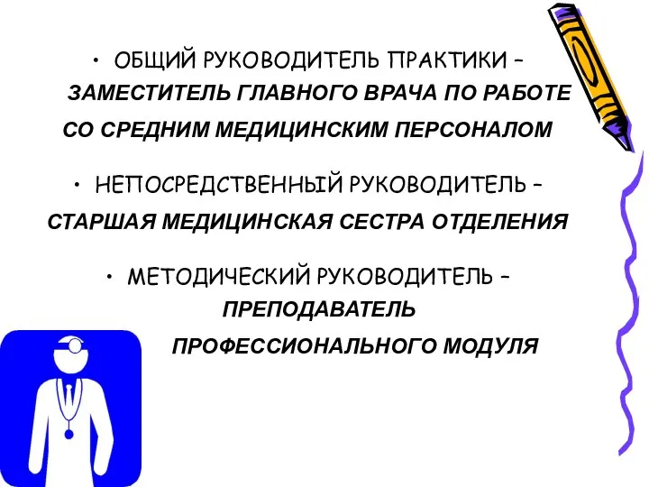 ОБЩИЙ РУКОВОДИТЕЛЬ ПРАКТИКИ – ЗАМЕСТИТЕЛЬ ГЛАВНОГО ВРАЧА ПО РАБОТЕ СО СРЕДНИМ