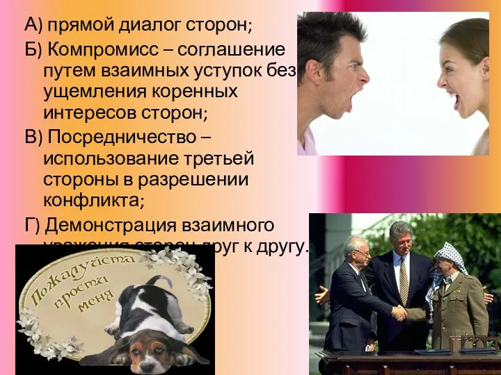 А) прямой диалог сторон; Б) Компромисс – соглашение путем взаимных уступок