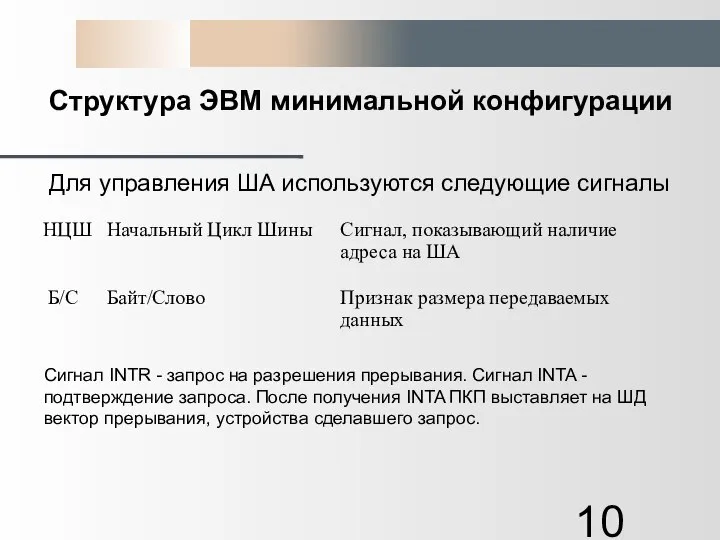 Структура ЭВМ минимальной конфигурации Для управления ША используются следующие сигналы Сигнал