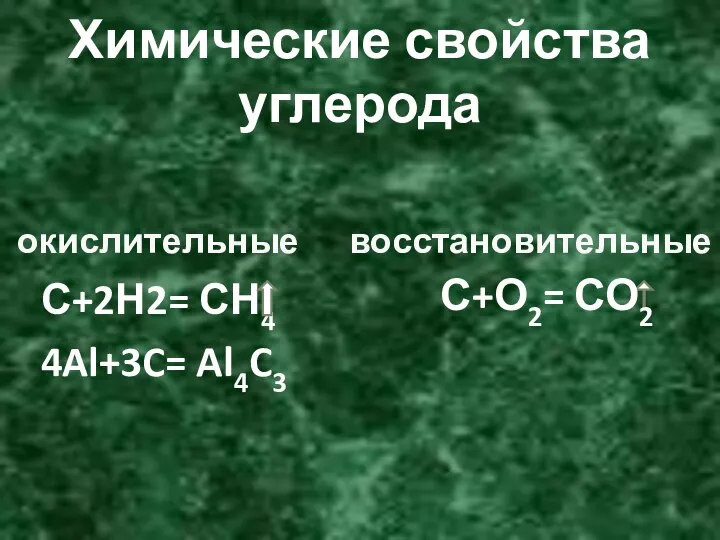 Химические свойства углерода С+2Н2= СН4 4Al+3C= Al4C3 окислительные восстановительные С+О2= СО2