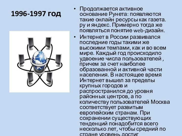 1996-1997 год Продолжается активное основание Рунета: появляются такие онлайн ресурсы как