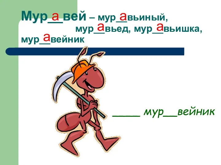 Мур__вей – мур__вьиный, мур__вьед, мур__вьишка, мур__вейник ____ мур__вейник а а а а а