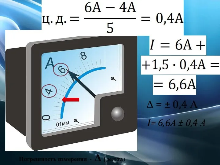 Погрешность измерения - Δ (дельта) Δ = ± 0,4 А I= 6,6А ± 0,4 А