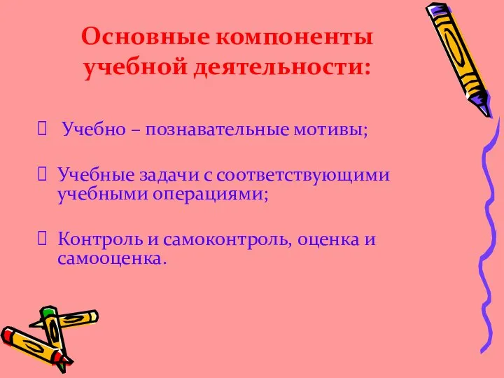 Основные компоненты учебной деятельности: Учебно – познавательные мотивы; Учебные задачи с