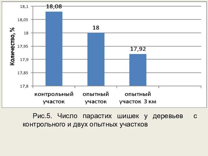 Рис.5. Число парастих шишек у деревьев с контрольного и двух опытных участков