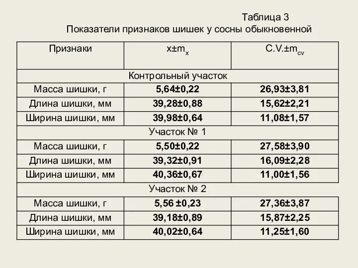 Таблица 3 Показатели признаков шишек у сосны обыкновенной