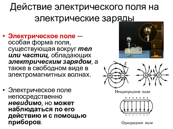 Действие электрического поля на электрические заряды Электрическое поле — особая форма