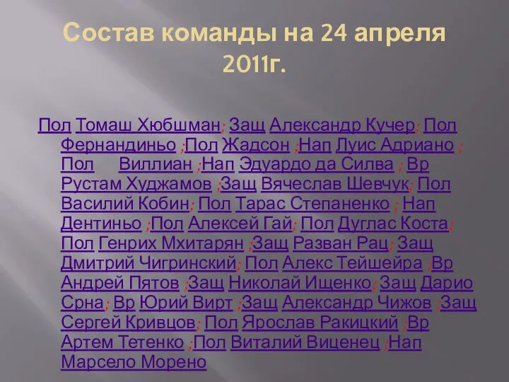 Состав команды на 24 апреля 2011г. Пол Томаш Хюбшман; Защ Александр