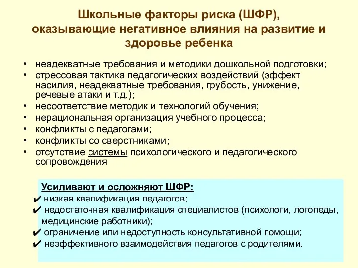 Школьные факторы риска (ШФР), оказывающие негативное влияния на развитие и здоровье