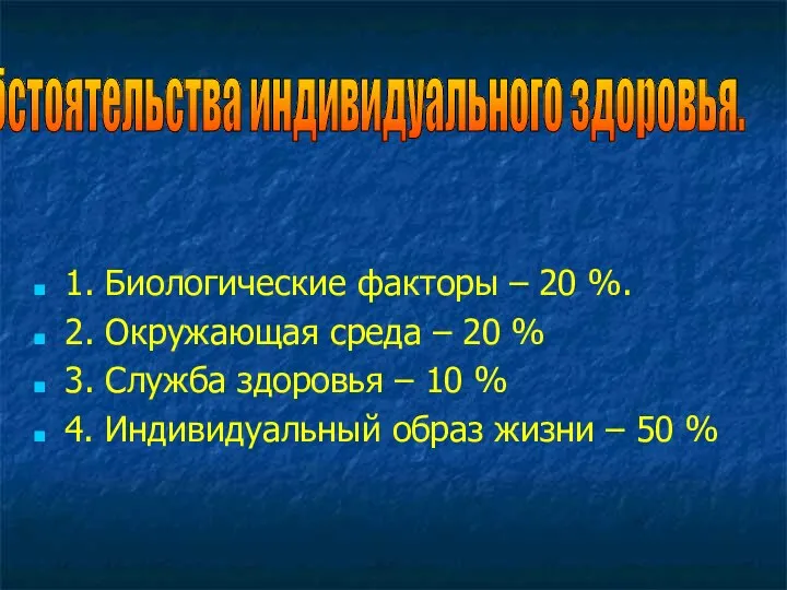 1. Биологические факторы – 20 %. 2. Окружающая среда – 20