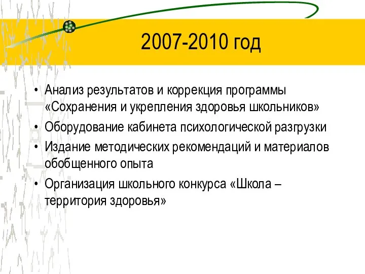 2007-2010 год Анализ результатов и коррекция программы «Сохранения и укрепления здоровья