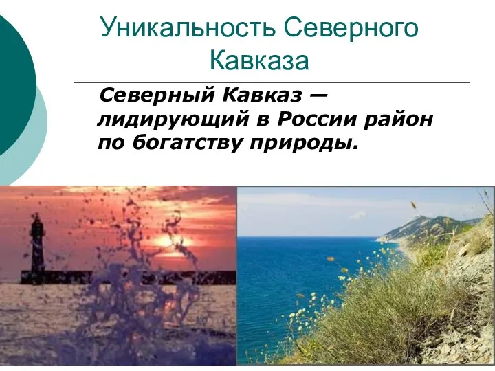 Уникальность Северного Кавказа Северный Кавказ — лидирующий в России район по богатству природы.