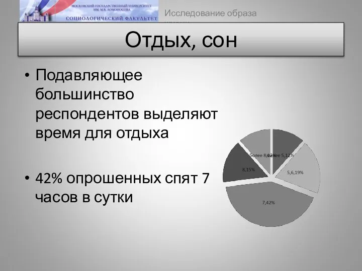 Отдых, сон Подавляющее большинство респондентов выделяют время для отдыха 42% опрошенных спят 7 часов в сутки