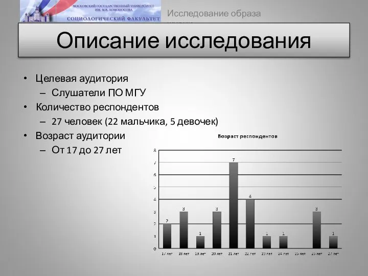 Описание исследования Целевая аудитория Слушатели ПО МГУ Количество респондентов 27 человек