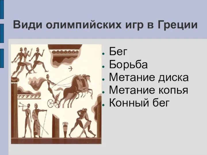 Види олимпийских игр в Греции Бег Борьба Метание диска Метание копья Конный бег