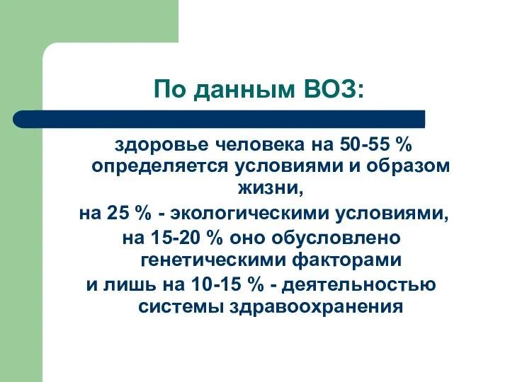 По данным ВОЗ: здоровье человека на 50-55 % определяется условиями и