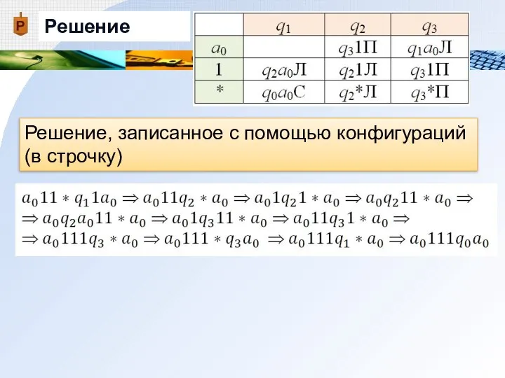 Решение Решение, записанное с помощью конфигураций (в строчку)