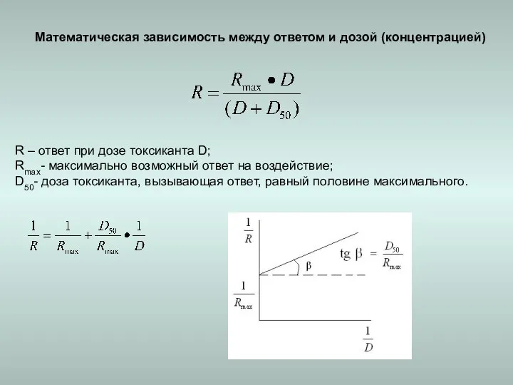 Математическая зависимость между ответом и дозой (концентрацией) R – ответ при