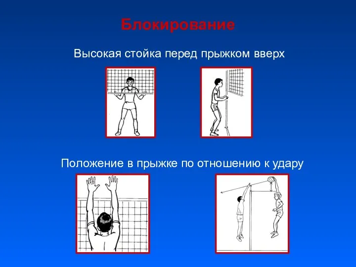 Блокирование Высокая стойка перед прыжком вверх Положение в прыжке по отношению к удару