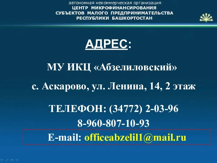 автономная некоммерческая организация ЦЕНТР МИКРОФИНАНСИРОВАНИЯ СУБЪЕКТОВ МАЛОГО ПРЕДПРИНИМАТЕЛЬСТВА РЕСПУБЛИКИ БАШКОРТОСТАН АДРЕС: