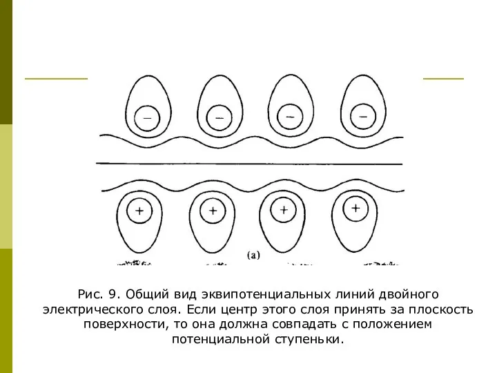 Рис. 9. Общий вид эквипотенциальных линий двойного электрического слоя. Если центр