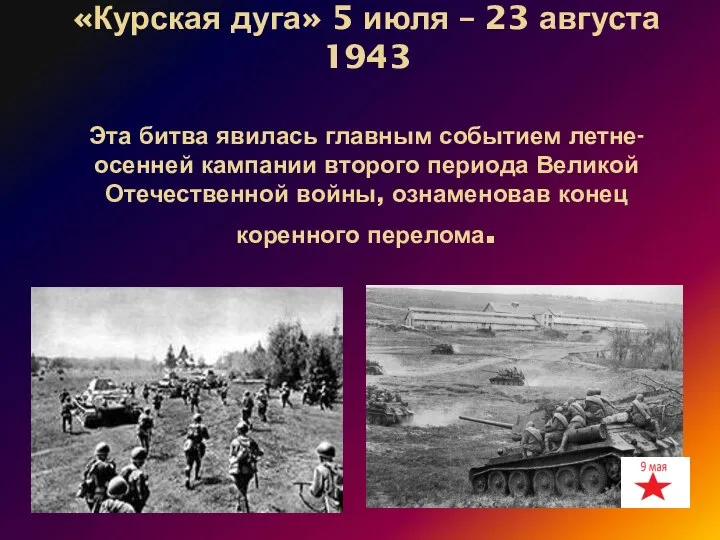 «Курская дуга» 5 июля – 23 августа 1943 Эта битва явилась