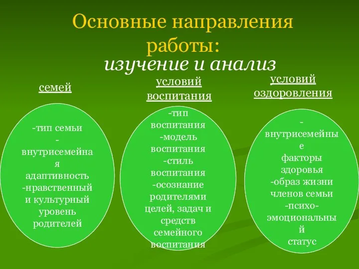 Основные направления работы: изучение и анализ семей условий воспитания условий оздоровления