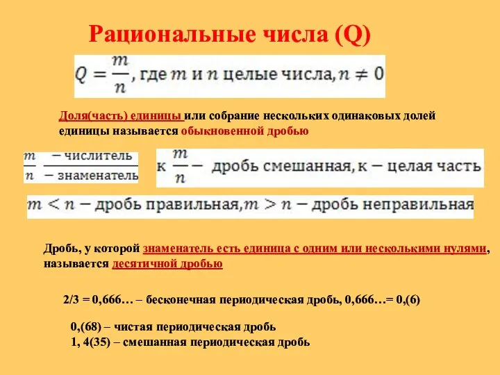 Рациональные числа (Q) Доля(часть) единицы или собрание нескольких одинаковых долей единицы