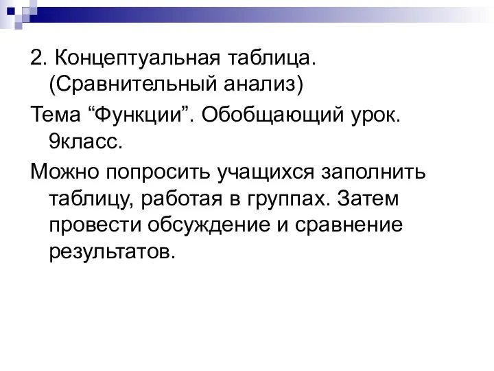 2. Концептуальная таблица. (Сравнительный анализ) Тема “Функции”. Обобщающий урок. 9класс. Можно