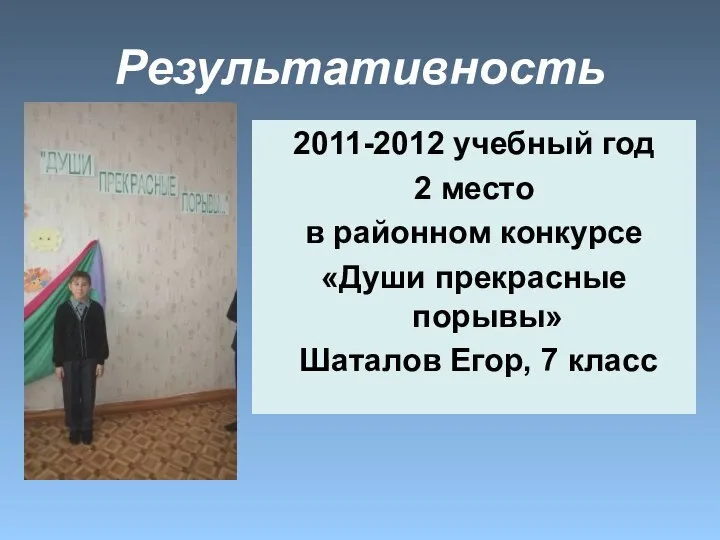 Результативность 2011-2012 учебный год 2 место в районном конкурсе «Души прекрасные порывы» Шаталов Егор, 7 класс