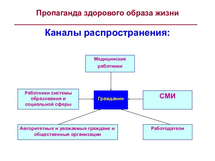 Медицинские работники Пропаганда здорового образа жизни Каналы распространения: Работники системы образования