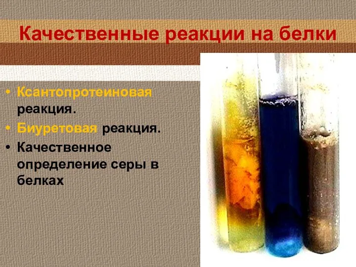 Качественные реакции на белки Ксантопротеиновая реакция. Биуретовая реакция. Качественное определение серы в белках