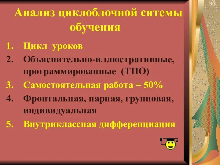 Анализ циклоблочной ситемы обучения Цикл уроков Объяснительно-иллюстративные, программированные (ТПО) Самостоятельная работа